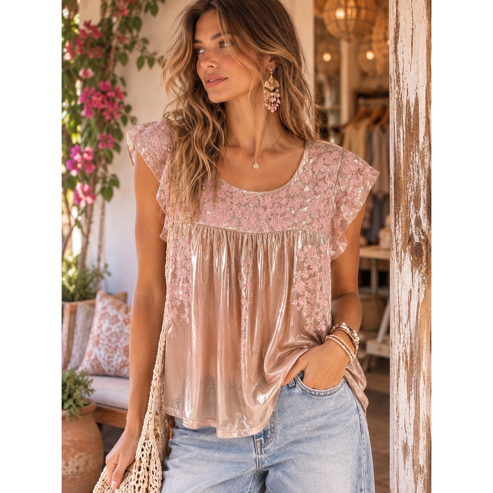 Savanna Jane Pink Metallic Floral Embroidered Babydoll Blouse T12232-1 Small